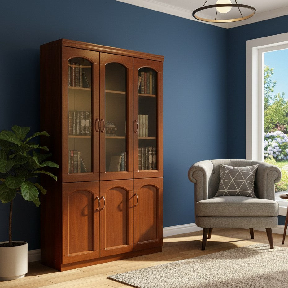 Three-door wooden office cabinet for document and office storage.