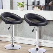 Black PU leather swivel bar stool with ring backrest, hydraulic chrome base, circular footrest, and adjustable height mechanism.