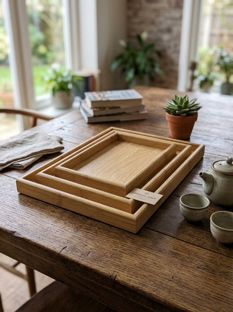 3-Piece rectangular bamboo tray set in different sizes for serving and organizing