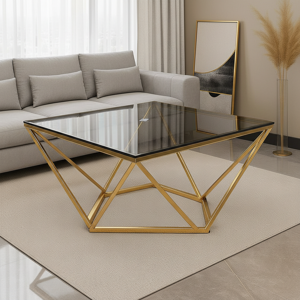Geometric Gold-Framed Diamond Design Glass Coffee Table