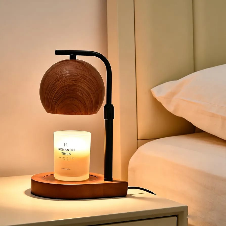 Electric candle warmer with wood grain base adjustable lighting metal frame and complimentary candle for bedroom living room dining area bathroom and home fragrance décor.