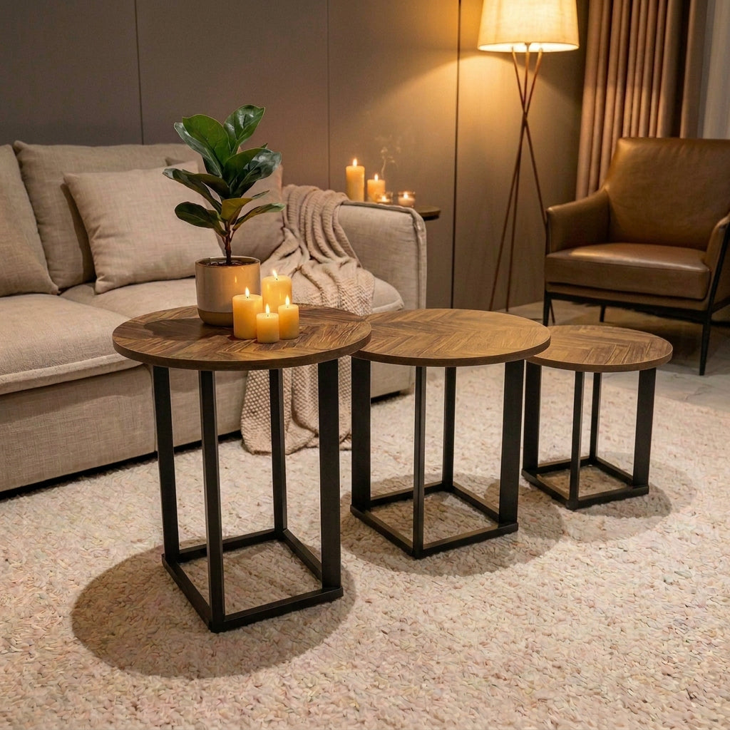 3 in 1 round walnut nesting table set with black stands for living room and home decor.