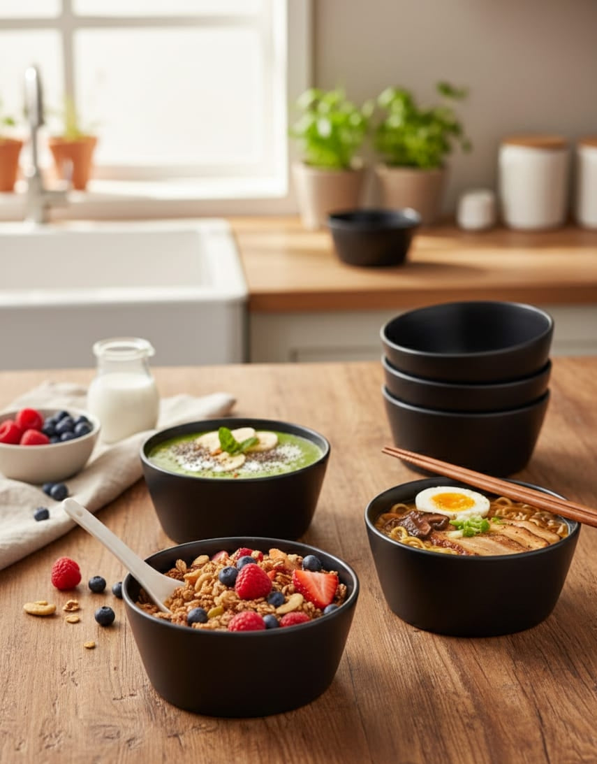 Six piece set of six inch stoneware bowls in a modern design.