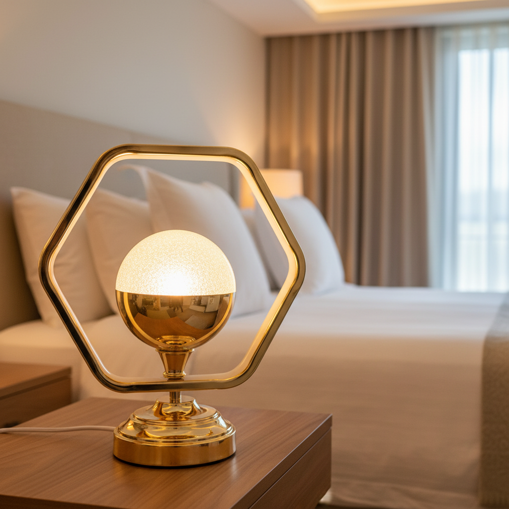 Modern golden frosted glass LED table lamp measuring 31 × 12 × 25 cm for bedroom, study, and living room décor.