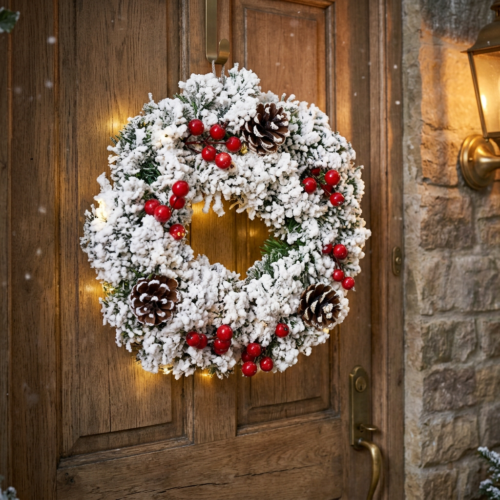 32cm Snow Flocked Christmas Wreath with Pine Cones and Pine Needles