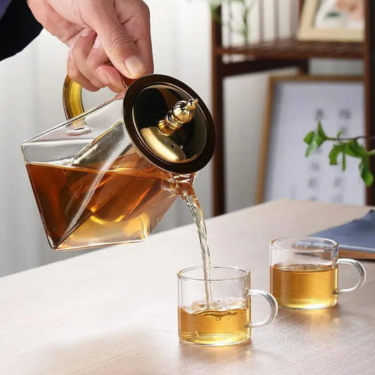950ml heat resistant glass teapot with stainless steel infuser and square filter basket for tea brewing.