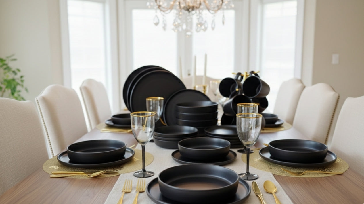 Black 24-piece ceramic dinner set including plates, bowls, and cups.