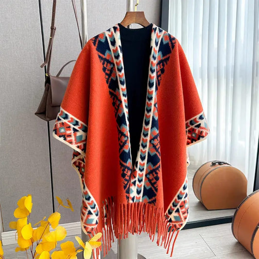 Bohemian striped color block women’s shawl, lightweight vintage ethnic wrap coat for travel and casual wear.