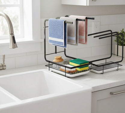 Punch-free kitchen towel rack with water-trapping tray.