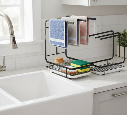 Punch-free kitchen towel rack with water-trapping tray.