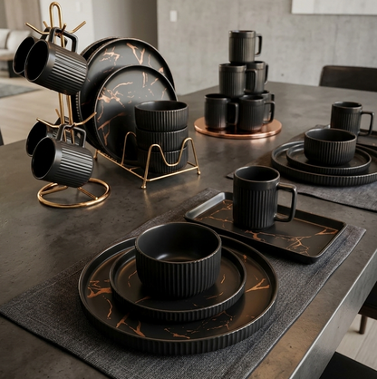 32 Piece Matte Stoneware Marble Finish Dinner Set