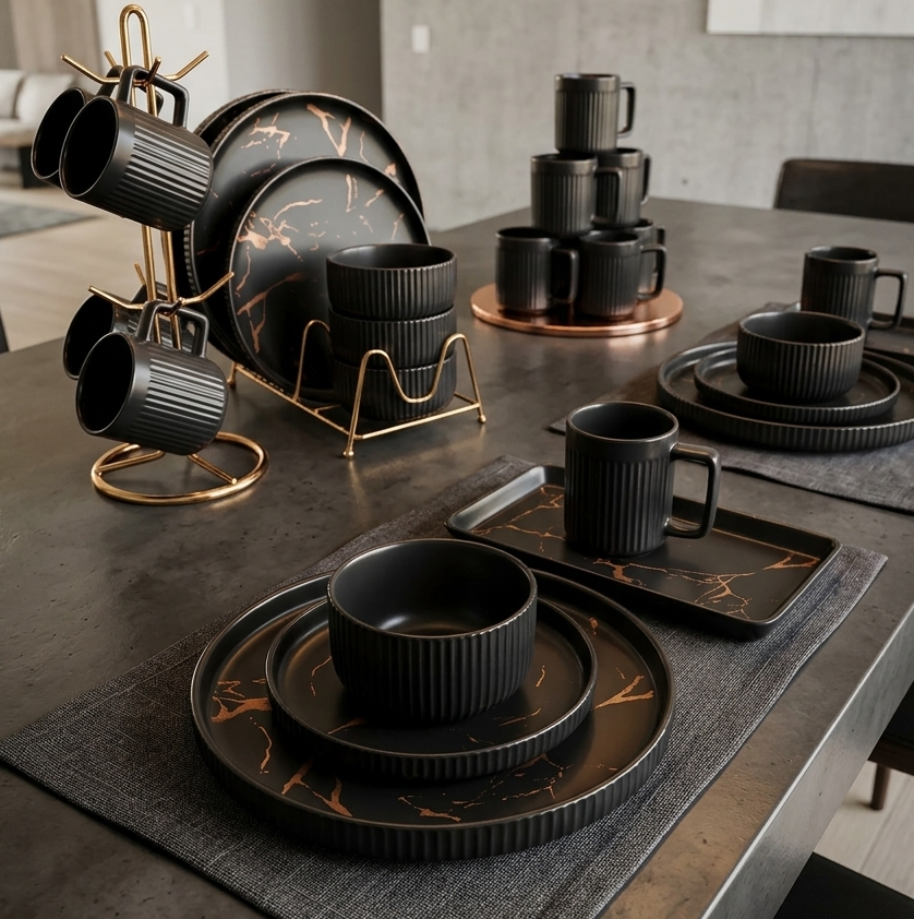 32 Piece Matte Stoneware Marble Finish Dinner Set
