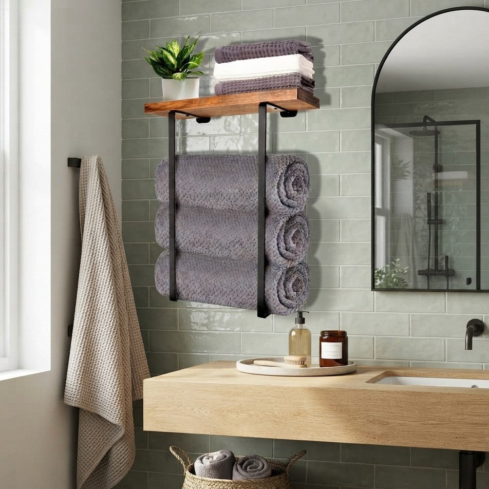 Wall Mounted Bamboo Towel Storage Holder
