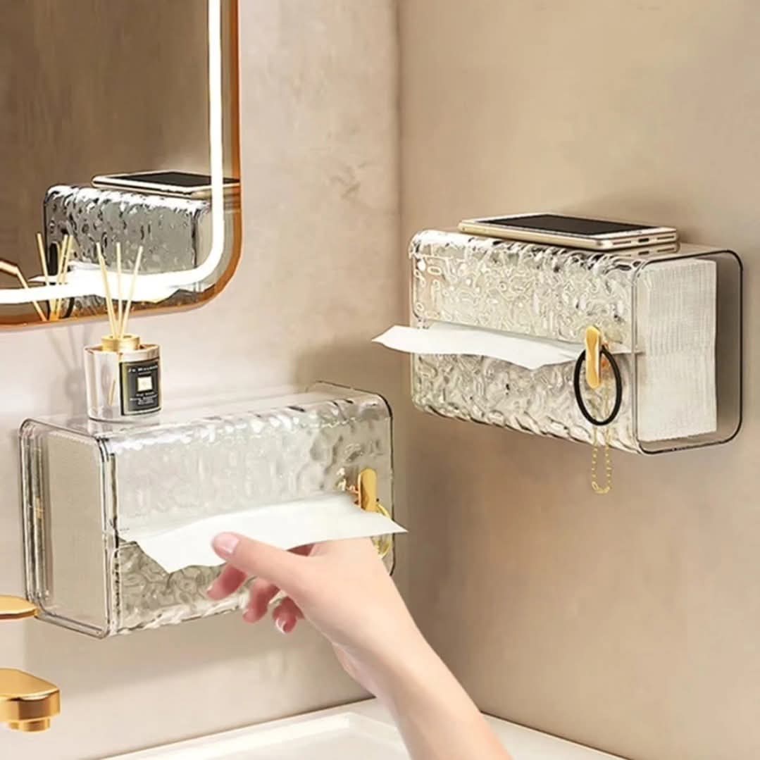 clear acrylic wall-mounted tissue box for bathroom and tabletop use