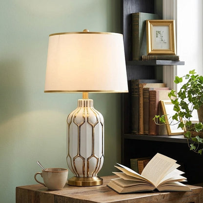 Ceramic Table Lamp with Gold Accents and Drum Shade