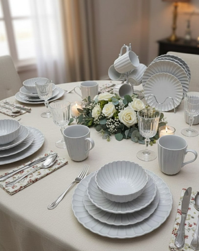 European scalloped 30-piece ceramic dinnerware set with plates, bowls, and mugs in vintage Nordic design