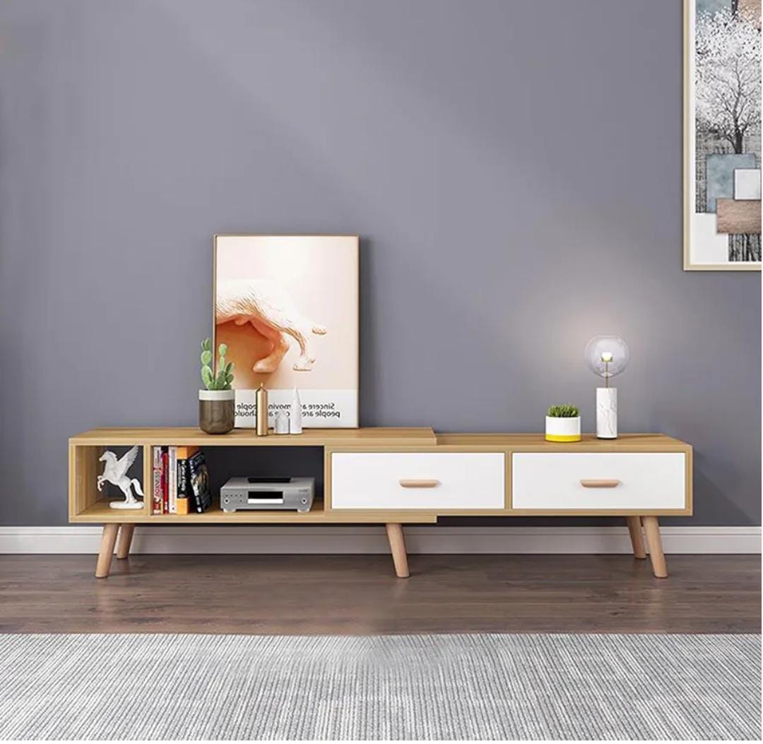 Expandable two-tone MDF TV area organizer designed to store media devices and accessories on entertainment consoles. 📺