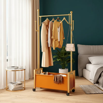 Metallic clothes rack with wheels, bottom storage shelf, and side hooks for hanging garments and accessories.