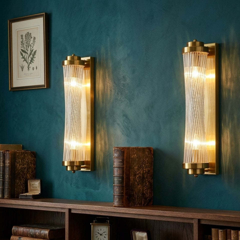 Cylindrical Wall Sconce Brass and Ribbed Glass Light Fixture