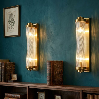 Cylindrical Wall Sconce Brass and Ribbed Glass Light Fixture
