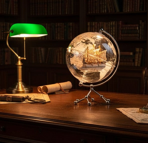 LED illuminated globe featuring a detailed world map with rotating base