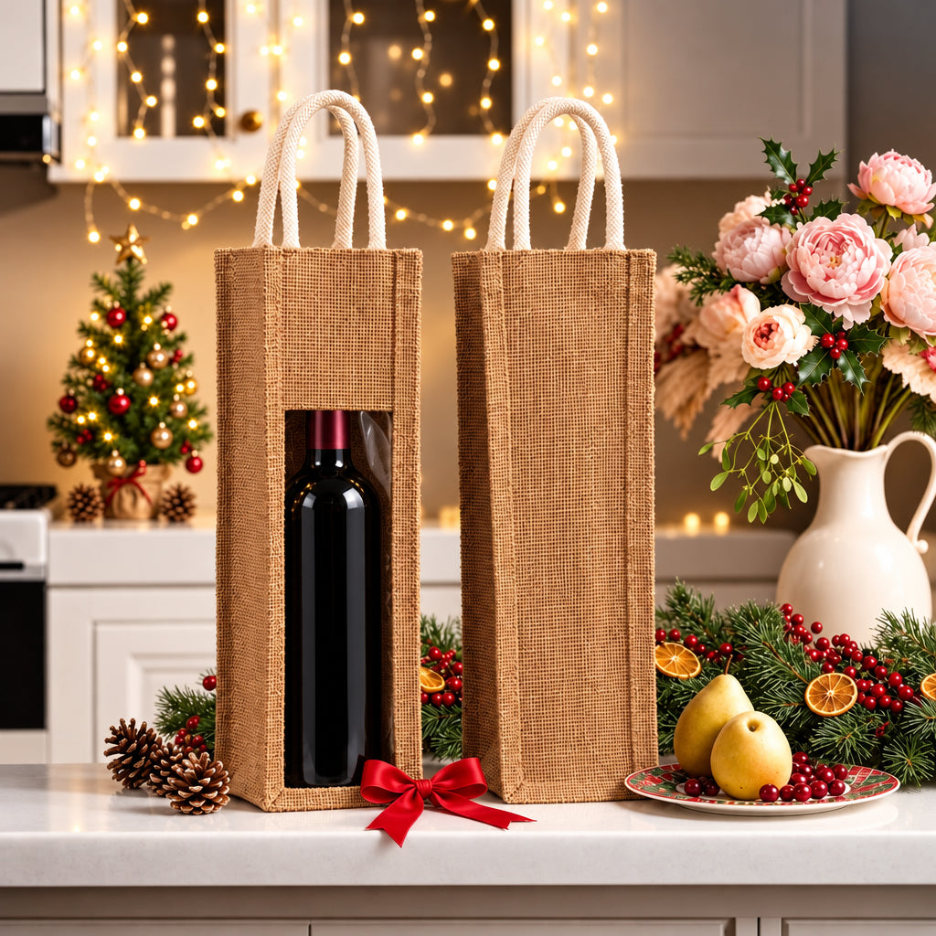 Rustic Christmas Jute Rope Wine Bottle Bag for Festive and Corporate Gifting