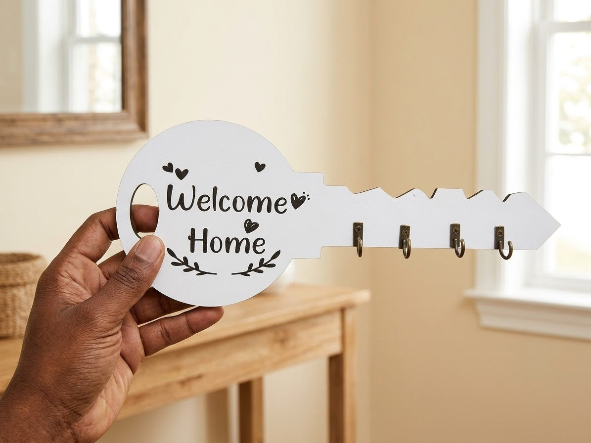Welcome Home Wooden Key Holder with Hooks