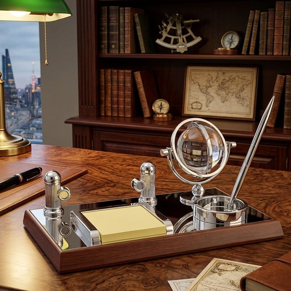 Mirror wooden desktop organizer with crystal ball, pen holder, and business card holder for office décor. 