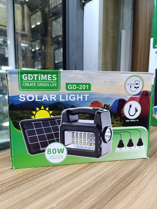 Solar lighting system with 3 LED bulbs and mobile charging port for home or outdoor use