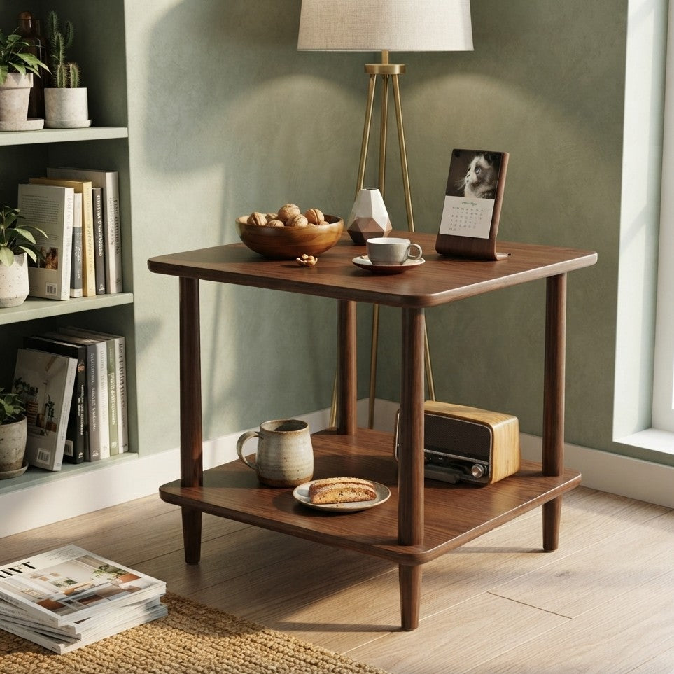 Double layer square coffee and side table with lower storage shelf for living rooms, bedrooms, and space saving home décor.