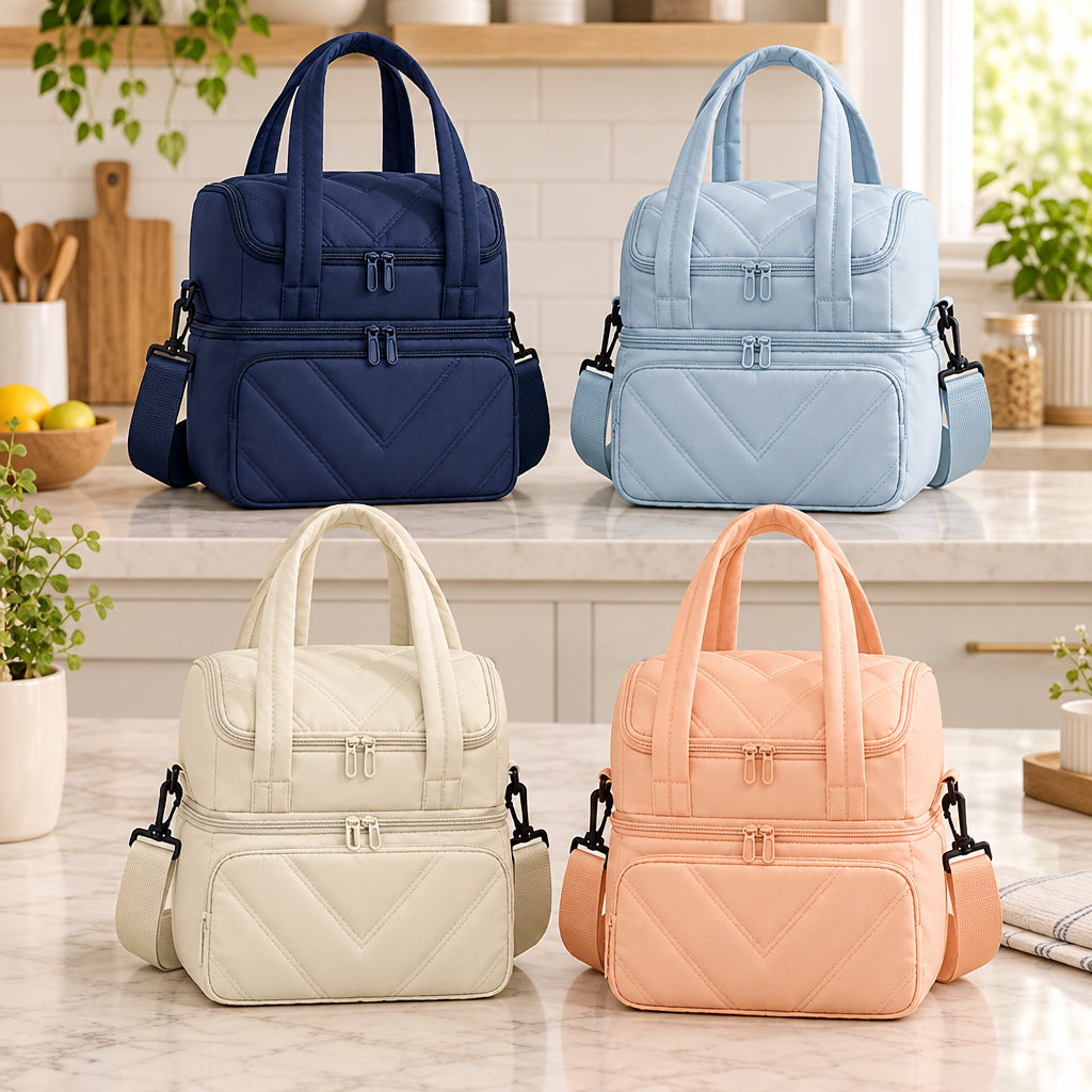 24 × 18.5 × 27cm Double Layer Insulated Lunch Bag with Two Compartments 