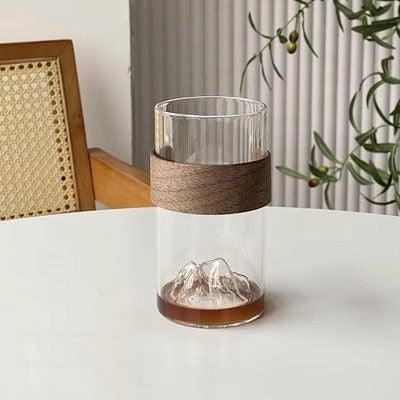 Clear 365ml mountain view glass cup suitable for coffee, tea, water, and smoothies.