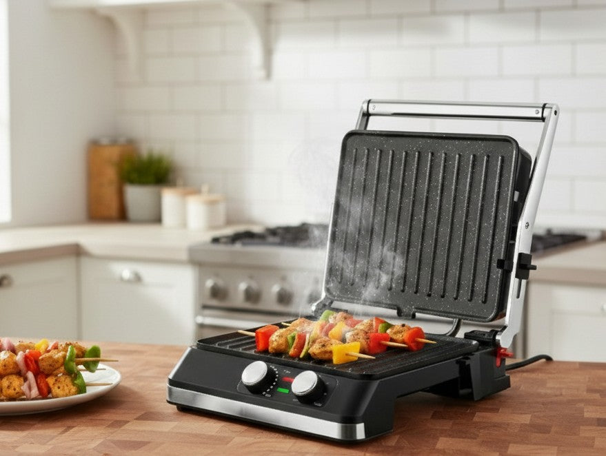 2200W electric grill plate with adjustable temperature and timer, non-stick surface, and 105°/180° opening angles