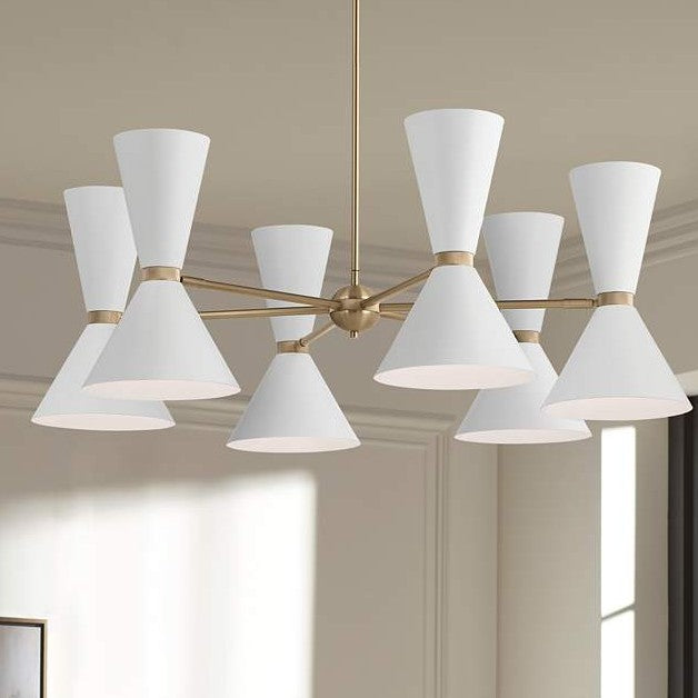 6 Arm Mid Century Hourglass Chandelier Brass and White