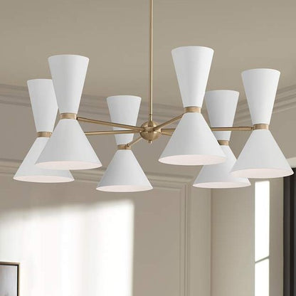6 Arm Mid Century Hourglass Chandelier Brass and White