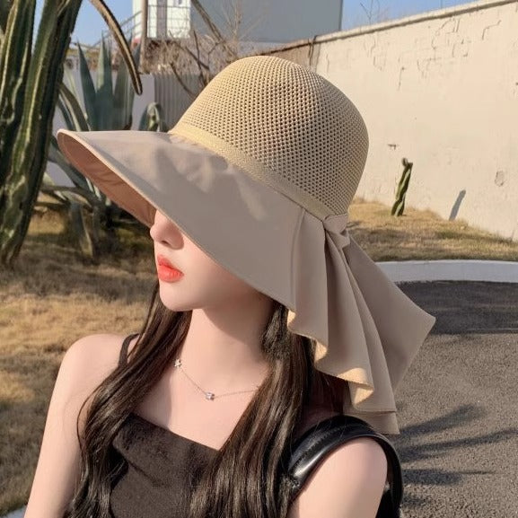 Women’s summer sun hat with wide brim and shawl, breathable bucket hat for outdoor sun protection. 