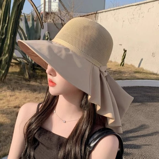 Women’s summer sun hat with wide brim and shawl, breathable bucket hat for outdoor sun protection. 