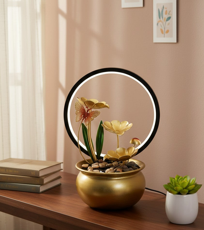 LED electric mini water fountain in a metallic pot, available in three colors, for home or office décor