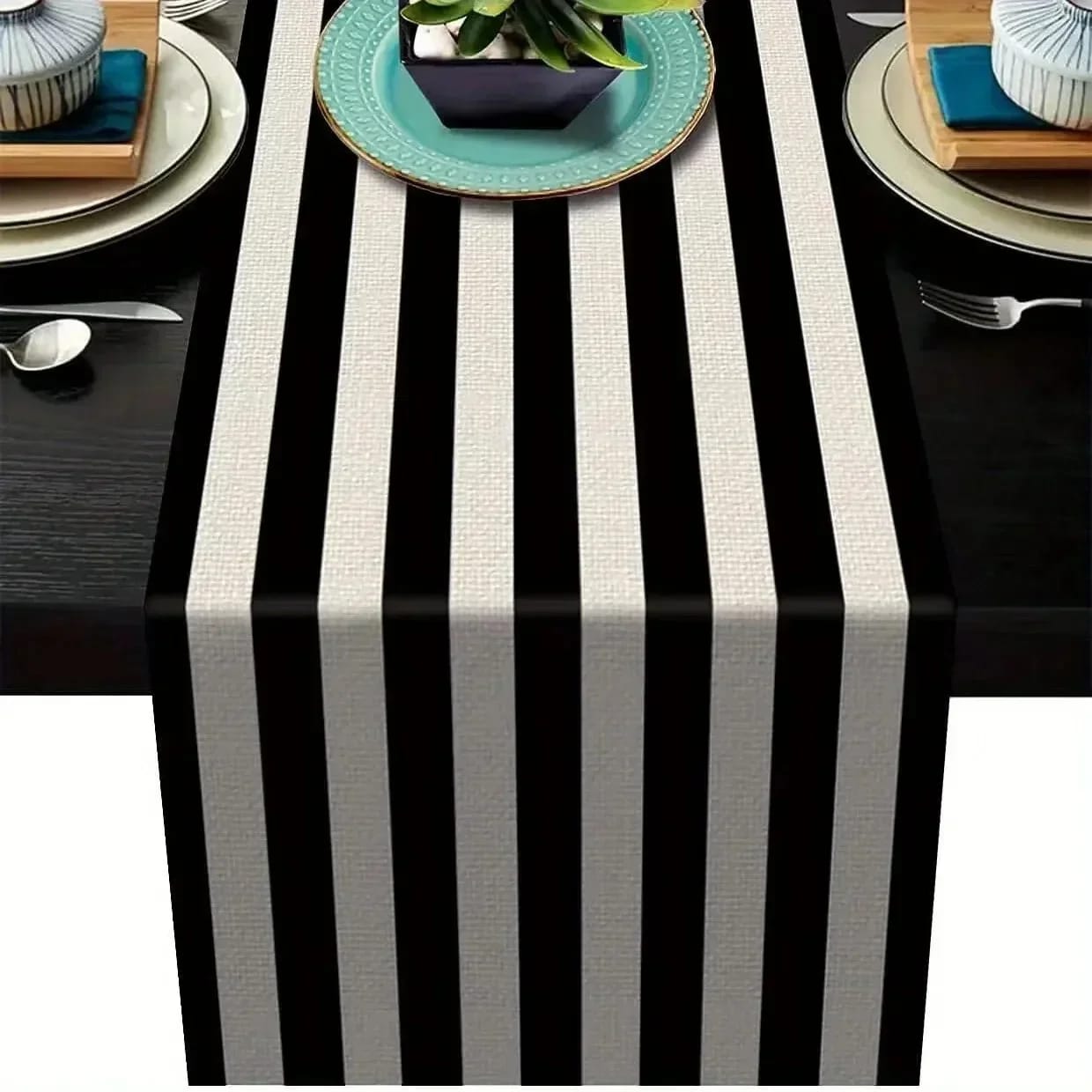 Geometric Stripe Linen Table Runner – Black and White