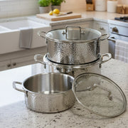 Triple stainless steel cookware set with hammered design and stainless steel lids in three casserole sizes
