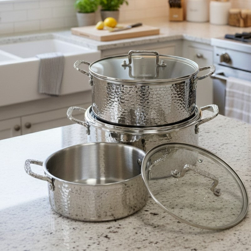 Triple stainless steel cookware set with hammered design and stainless steel lids in three casserole sizes
