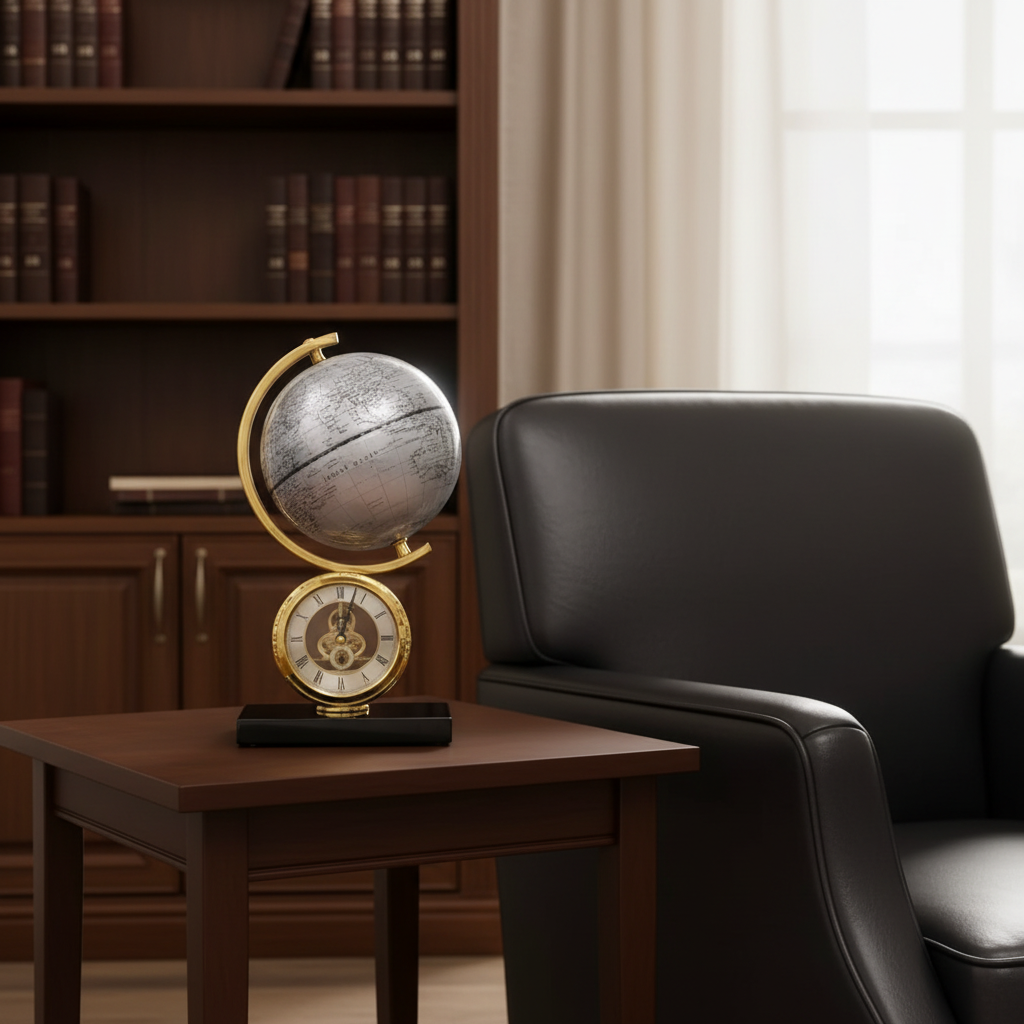 Atlasphere Table Clock  with  Marble Base  and Silver Globe