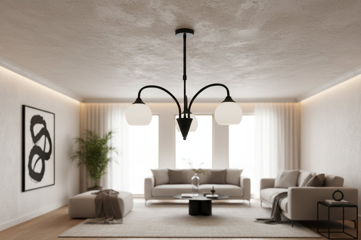 Black minimalist 3 arm ceiling pendant light with frosted white glass shades and E27 holders for indoor lighting