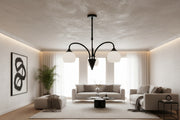Black minimalist 3 arm ceiling pendant light with frosted white glass shades and E27 holders for indoor lighting