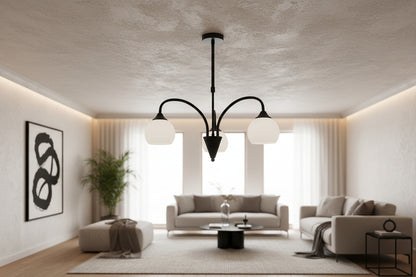 Black minimalist 3 arm ceiling pendant light with frosted white glass shades and E27 holders for indoor lighting