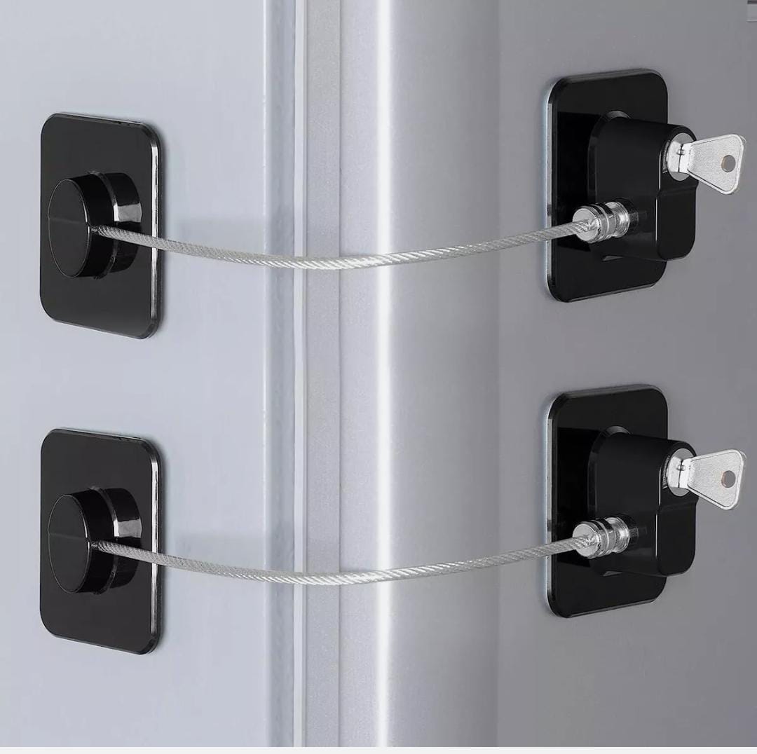 Child safety fridge and cabinet lock with key or passcode options.