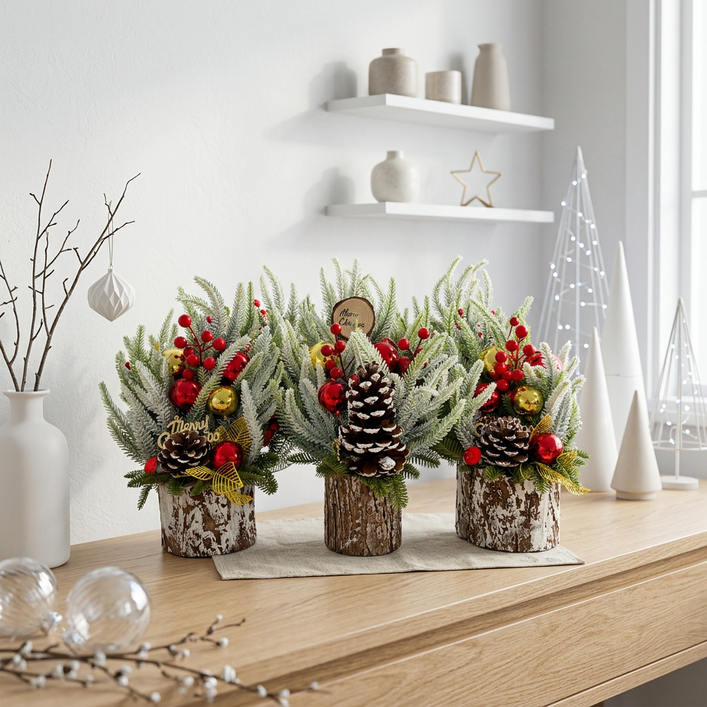 35cm  Decorated Snow-Dusted Mini Christmas Tree with Red and Gold Ornaments