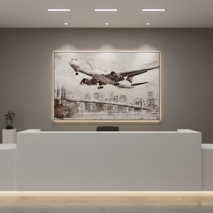 Plane Flying Over City Oil Painting 100x100cm