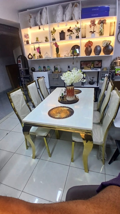 Six Seater Marble Dining Table with Microfiber Chairs