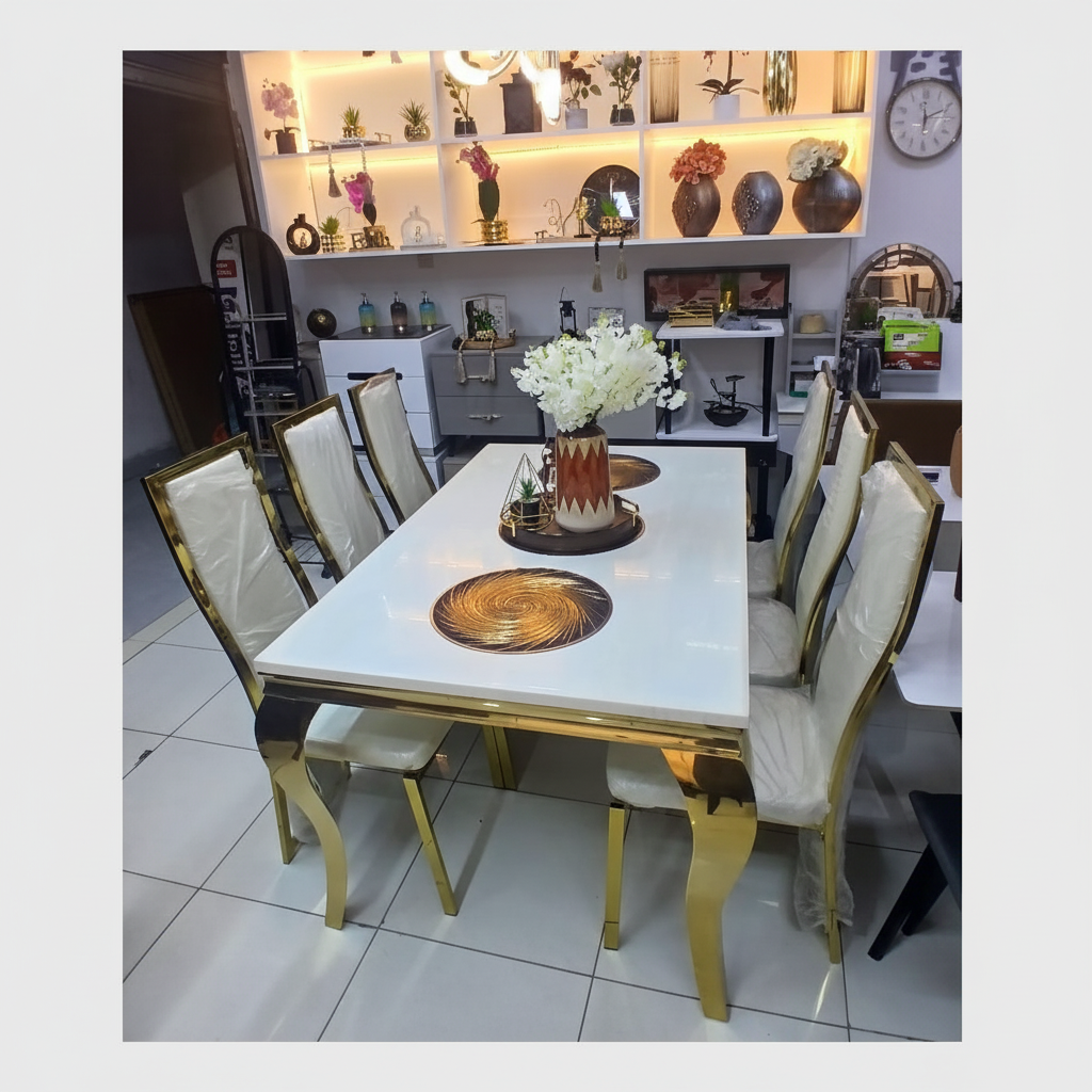 Six Seater Marble Dining Table with Microfiber Chairs